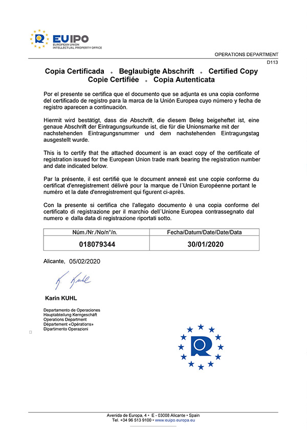 EUIPO CERTIFICATE OF REGISTRATION